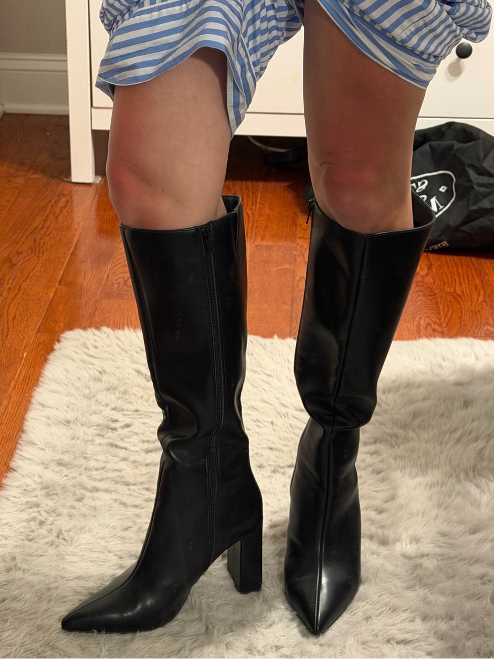 Black Leather Block Heel pointed toe Boot